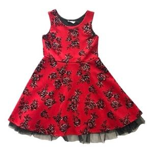BEAUTEES-GIRLS SIZE 12-RED SLEEVELESS DRESS WITH BLACK AND SILVER FLOWERS